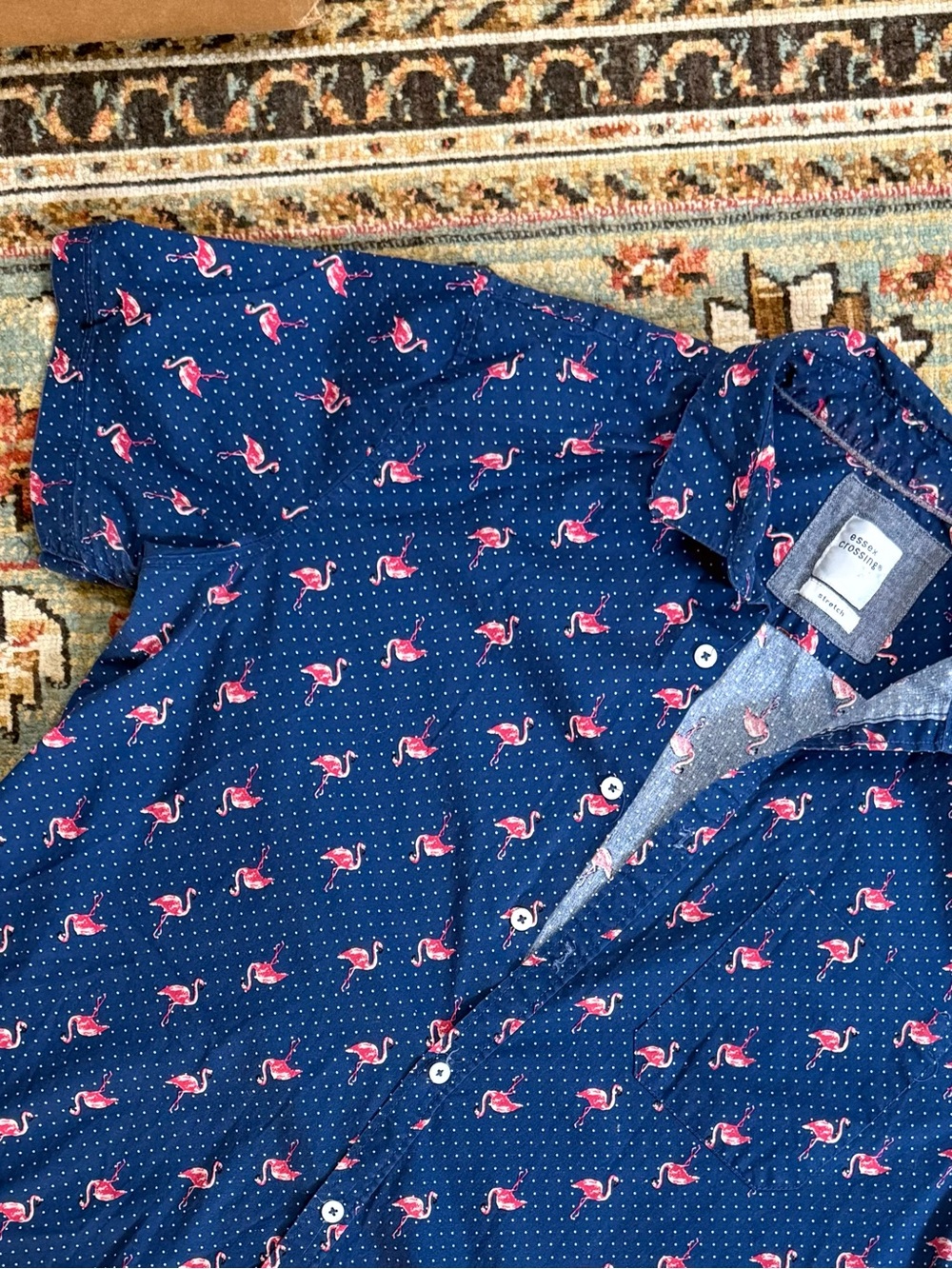Navy Button-Up Shirt with Pink Flamingo Print